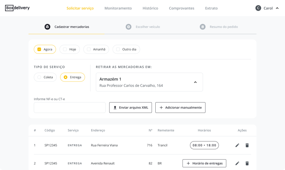 Tela de solicitação, adicionando as mercadorias
