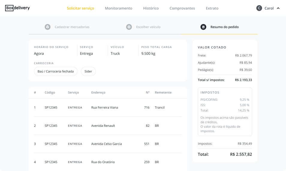 Tela de cotação da solicitação