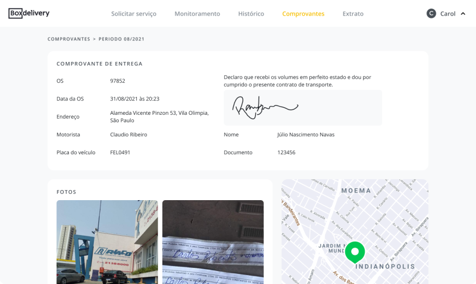 Tela de comprovante do serviço